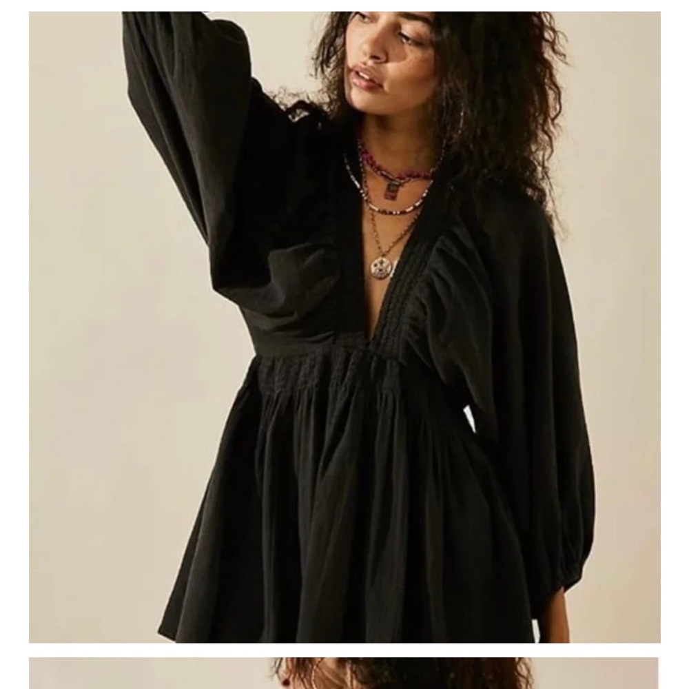NWOT Free People For The Moment Mini Dress Boho V-Neck Black Sz M